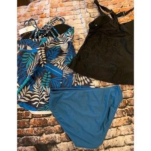 NWT NWOT Tankini Swimsuit Bikini Blue Jungle Leaf Sporty 3 Pieces Size Small SM